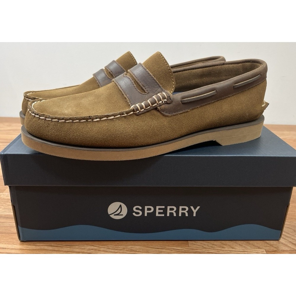 Sperry Authentic Original Double Sole Suede Dark Tan Penny Loafers Men's 13 NEW